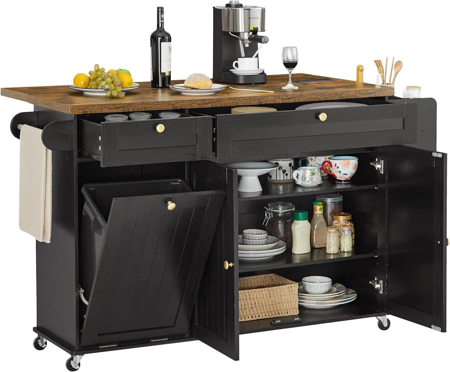 60 Inch Mobile Kitchen Island Rolling Cart with Drop Leaf Power Outlet Storage Trolley Spice Rack Towel Rack Trash Cabinet