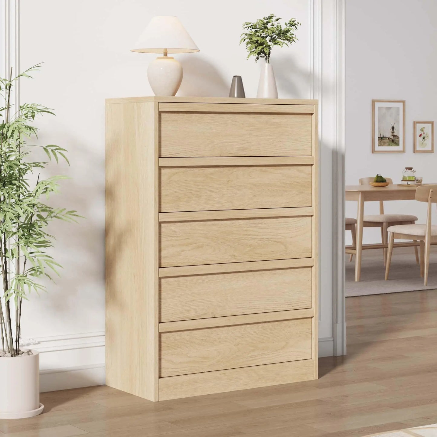 43.3-Inch 5-Drawer Wooden Dresser – Modern Bedroom Storage Chest with Deep Drawers, Closet Cabinet for Bedroom, Living Room, Entryway & Hallway