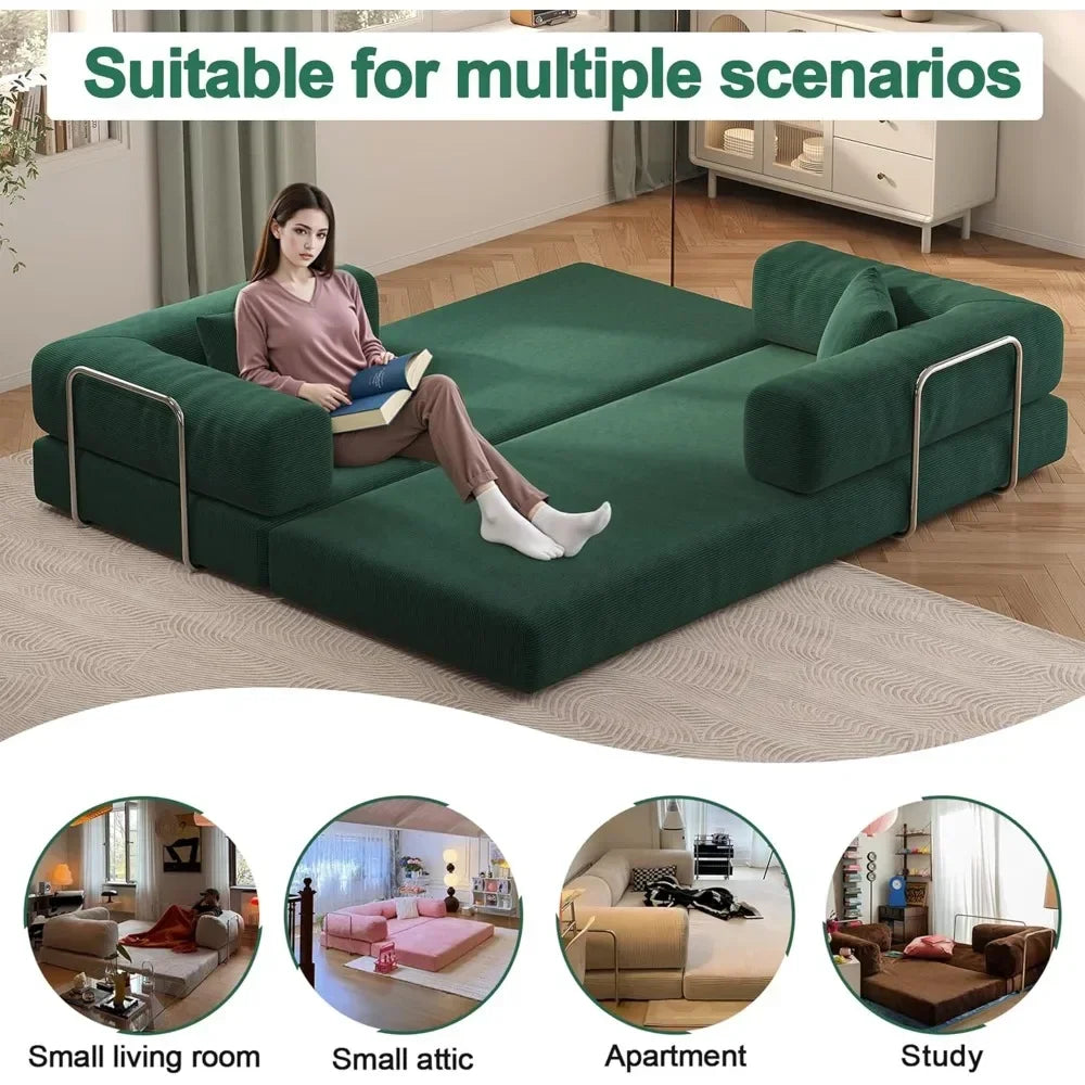 79" Corduroy Convertible Sofa Bed – Folding Sleeper Couch with Pillows for Living Room & Guest Room Comfort