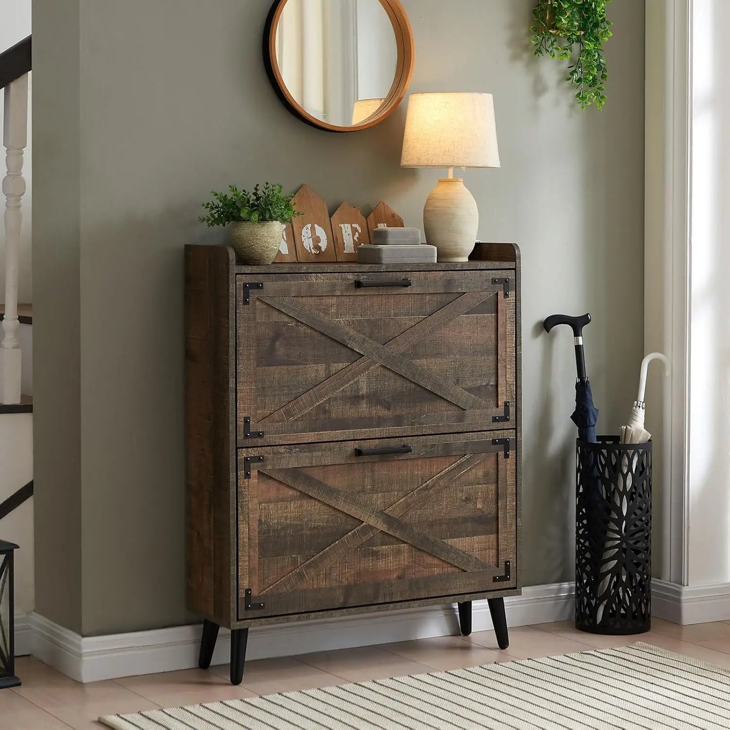 Farmhouse Shoe Storage Cabinet 2 Flip Drawers
