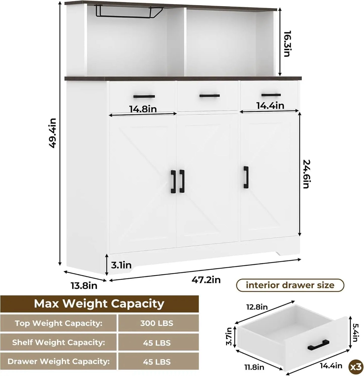 Farmhouse Buffet Cabinet with Storage Coffee Bar Cabinet Kitchen Storage Cabinet with 3 Doors and Drawers Dining Room Furniture
