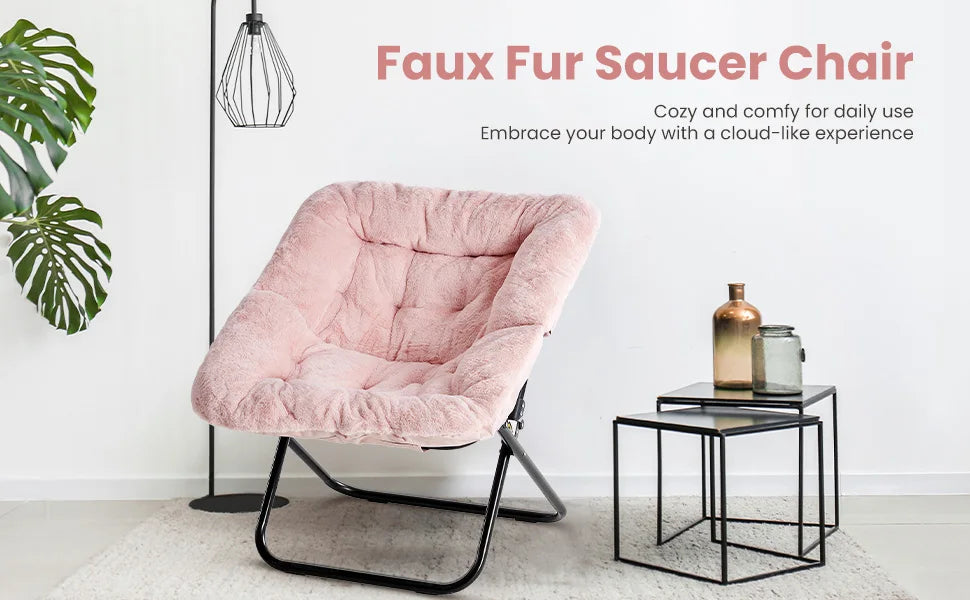 JHK 28 Inch Cozy Saucer Chair Faux Fur Folding Lounge Chair Padded Seat Metal Frame Reading Chair for Bedroom Living Room