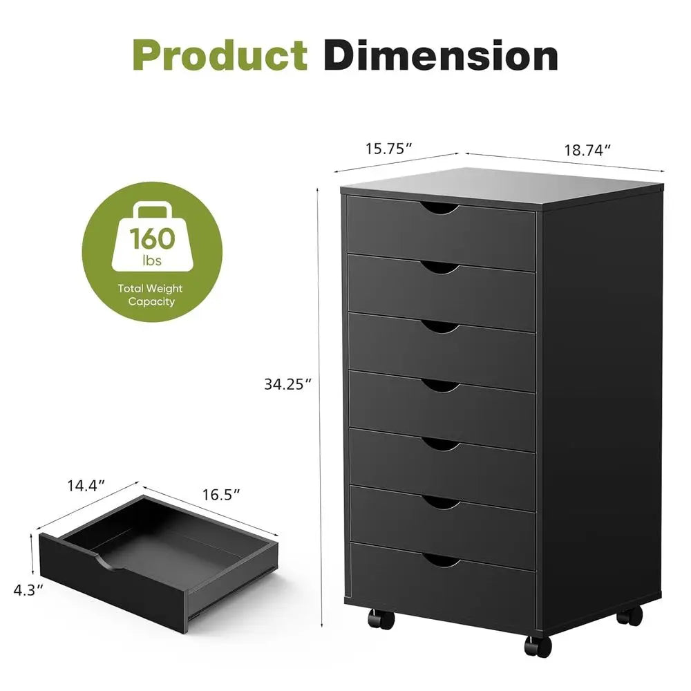 7 Drawer Mobile Storage Cabinet with Wheels – Wooden Dresser Organizer for Home & Office
