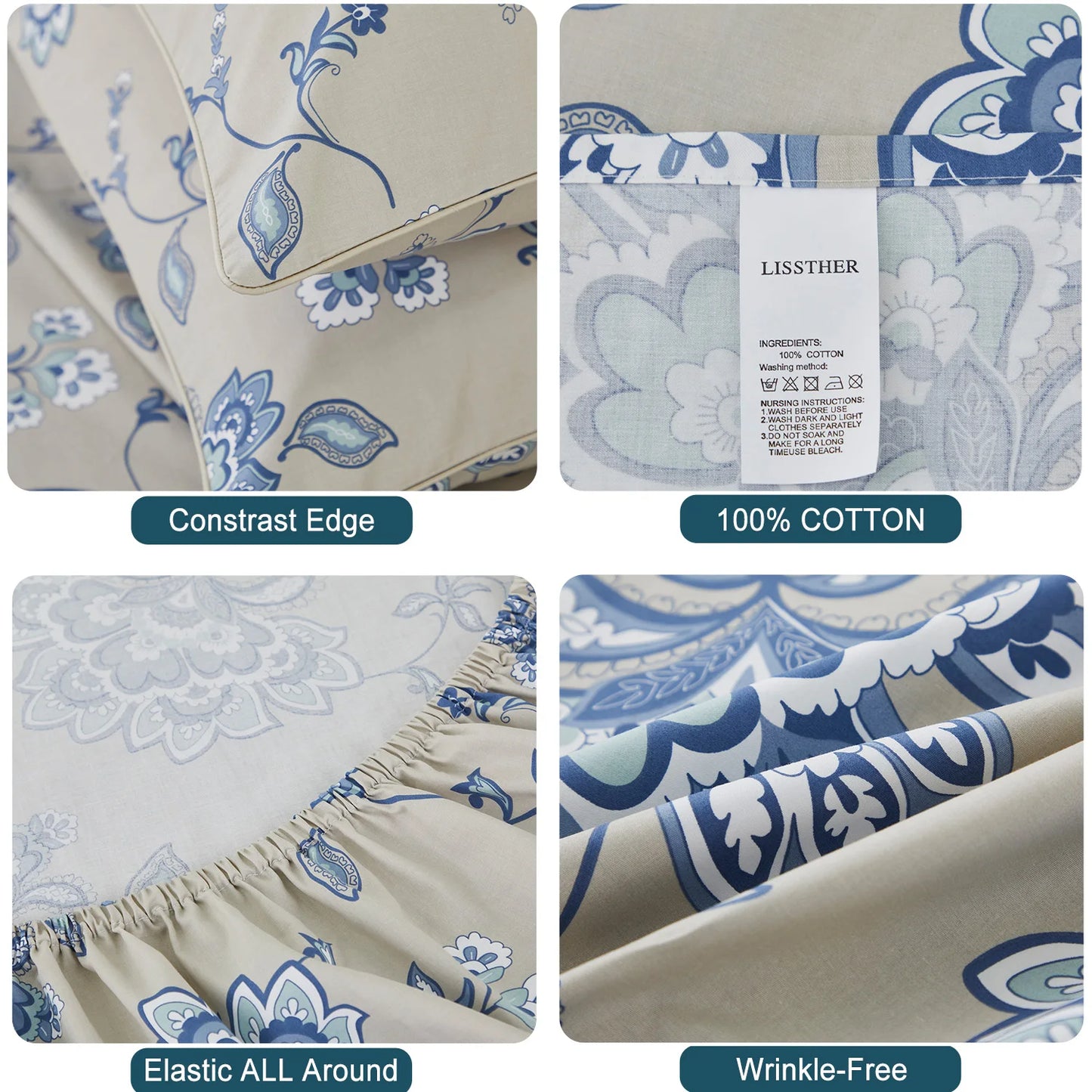 600TC Egyptian Cotton Sheet Set – 4-Piece Blue Boho Paisley Floral Luxury Bedding (100% Cotton)