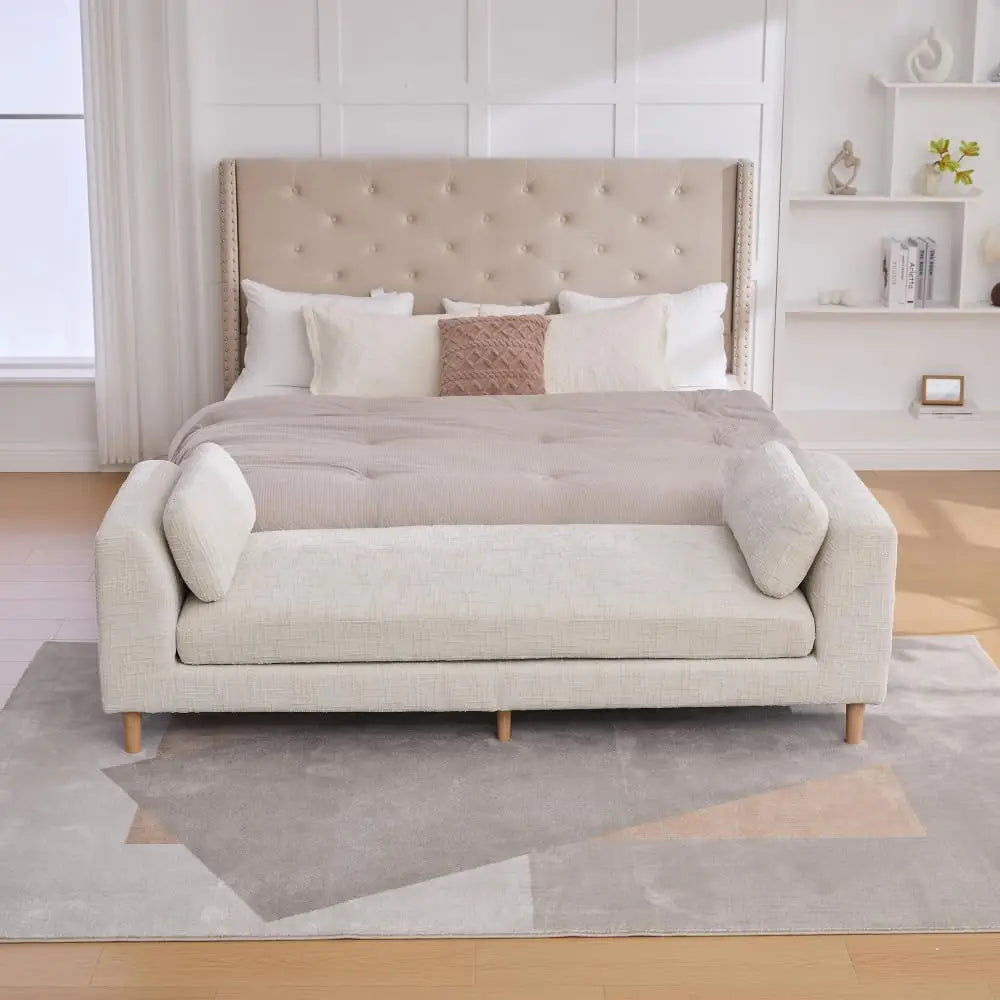83.1” Modern Upholstered End of Bed Bench with Armrests – Chenille Chaise Lounge Bench with 2 Bolster Pillows, Bedroom Bench Seating for Bedroom, Living Room & Entryway