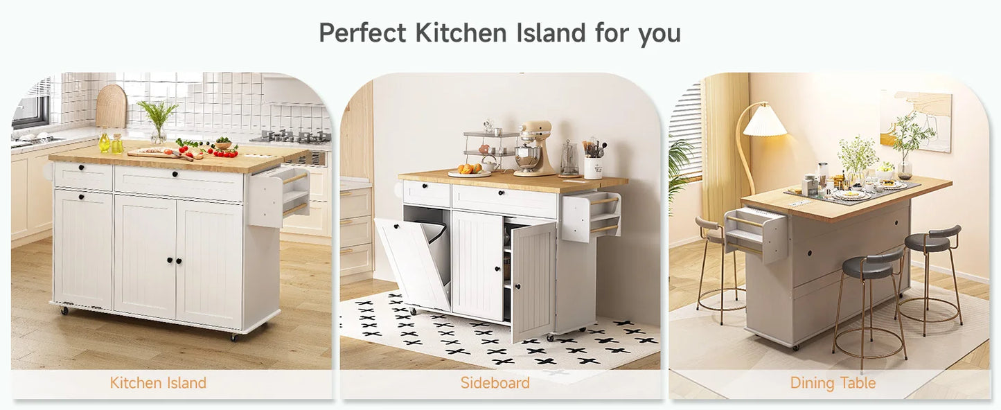 60 Inch Mobile Kitchen Island Rolling Cart with Drop Leaf Power Outlet Storage Trolley Spice Rack Towel Rack Trash Cabinet