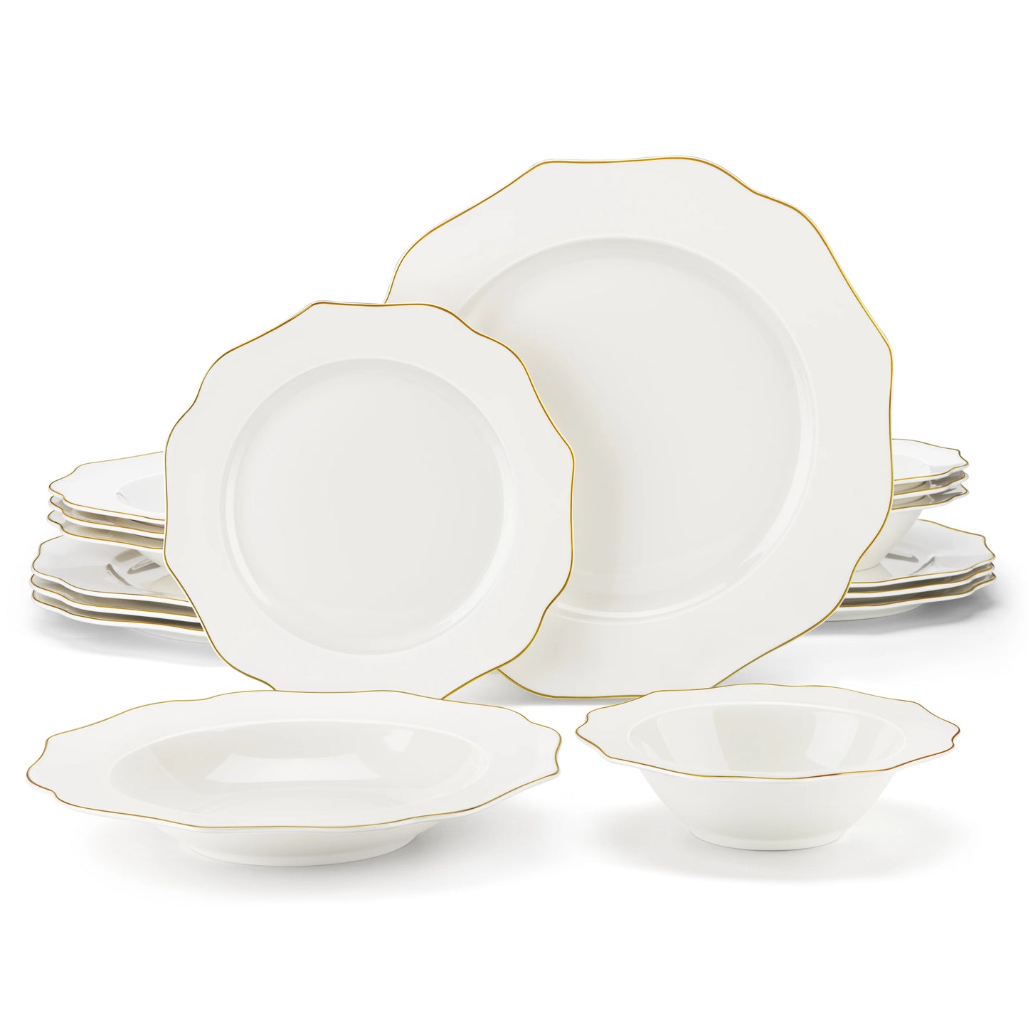 MALACASA 16/32-Piece White Porcelain Dinnerware Set with Gold Rim – Nordic European Tableware Set with Dinner Plates, Dessert Plates & Bowls for 4 or 8