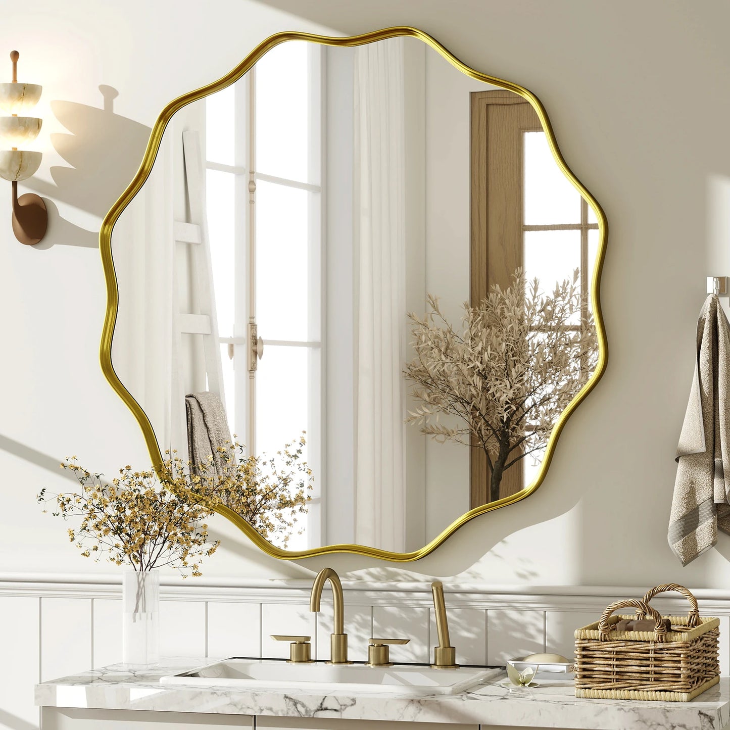 Wavy Round Bathroom Mirror Decorative Wall Mirror with Deep Frame Modern Vanity Mirror for Bedroom Living Room Home Decor
