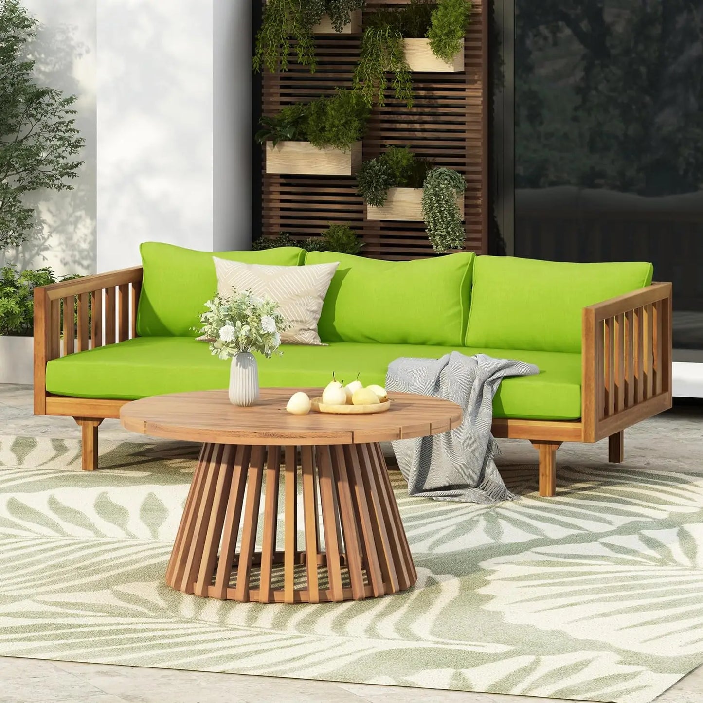 Outdoor Acacia Wood 3-Seat Loveseat Sofa Set with Cushions & Round Coffee Table – Premium Backyard Patio Conversation Furniture for Garden, Porch & Balcony Relaxation