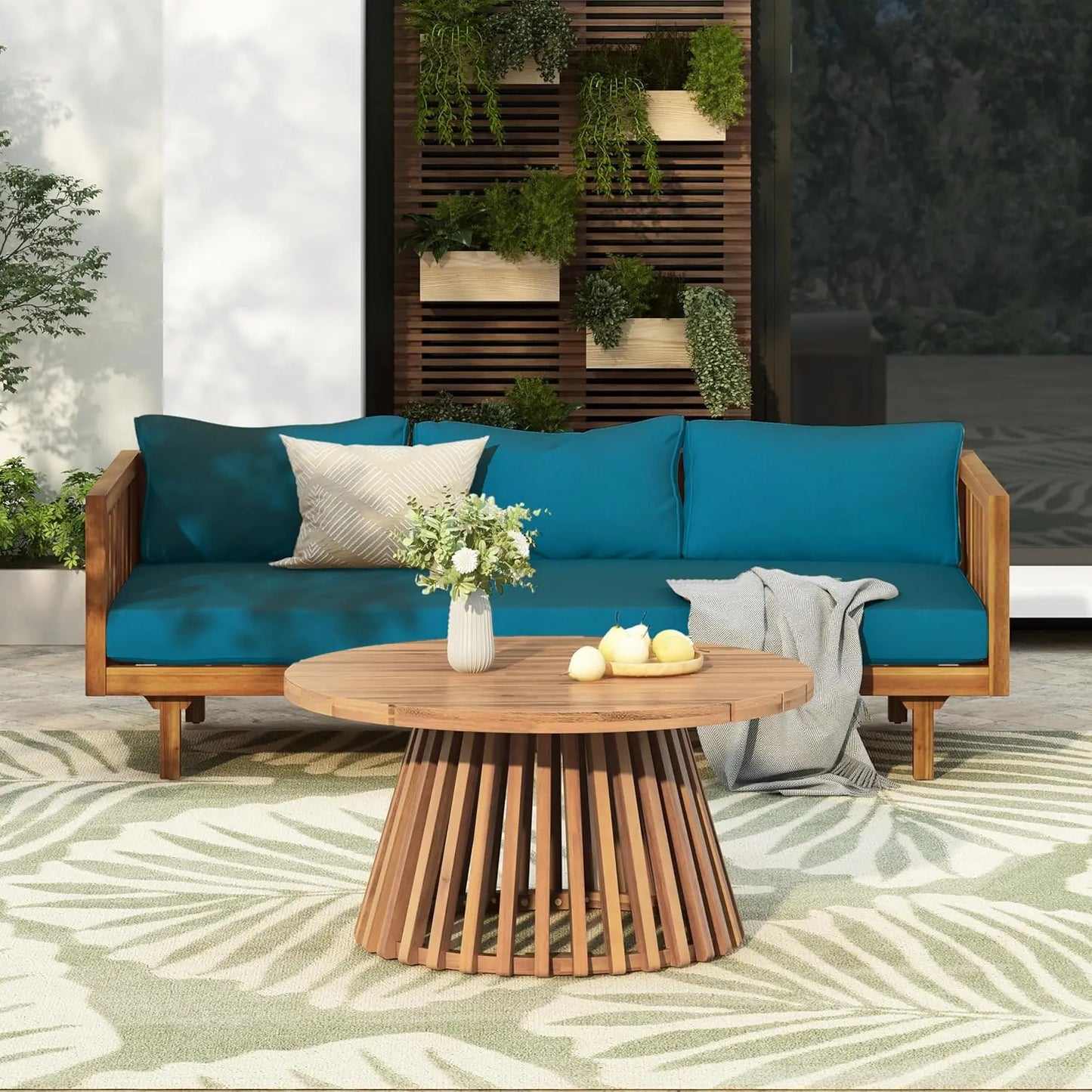 Outdoor Acacia Wood 3-Seat Loveseat Sofa Set with Cushions & Round Coffee Table – Premium Backyard Patio Conversation Furniture for Garden, Porch & Balcony Relaxation