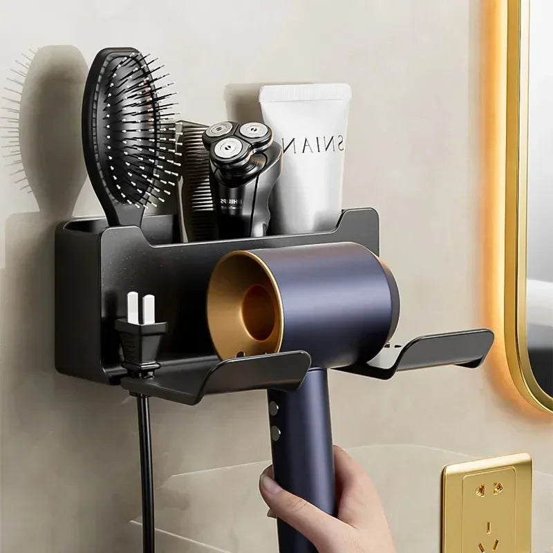 Wall-Mounted Hair Dryer Holder & Straightener Organizer – Space-Saving Bathroom Shelf with Cable Storage for Home Vanity