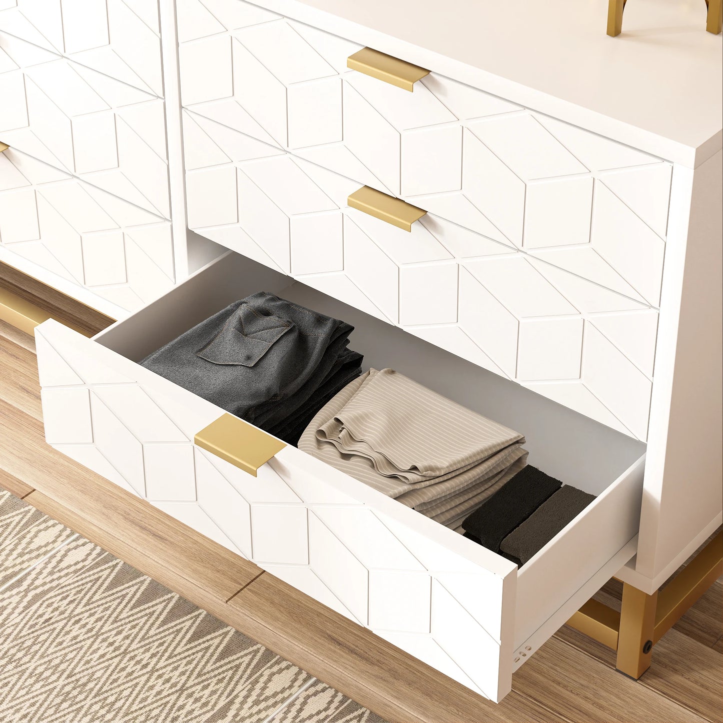 Luxury 6-Drawer Diamond Dresser with Golden Accents