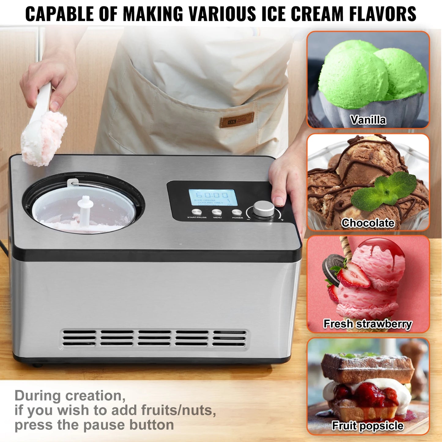 Automatic Ice Cream Maker with Built-In Compressor – 2 Quart Electric Frozen Yogurt, Sorbet & Gelato Machine No Pre-Freezing Required