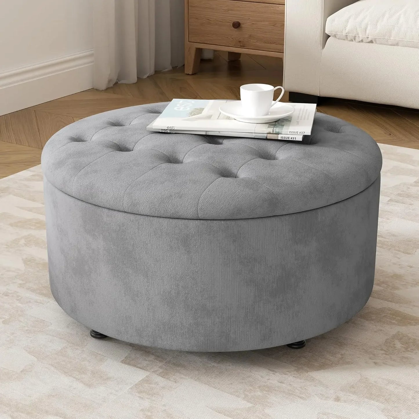 Round Tufted Storage Ottoman Coffee Table