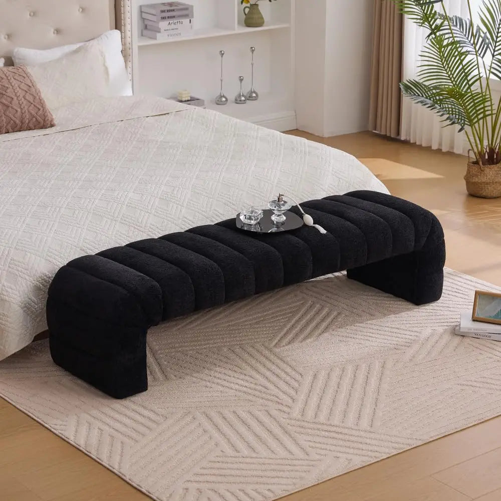 83.1” Modern Upholstered End of Bed Bench with Armrests – Chenille Chaise Lounge Bench with 2 Bolster Pillows, Bedroom Bench Seating for Bedroom, Living Room & Entryway