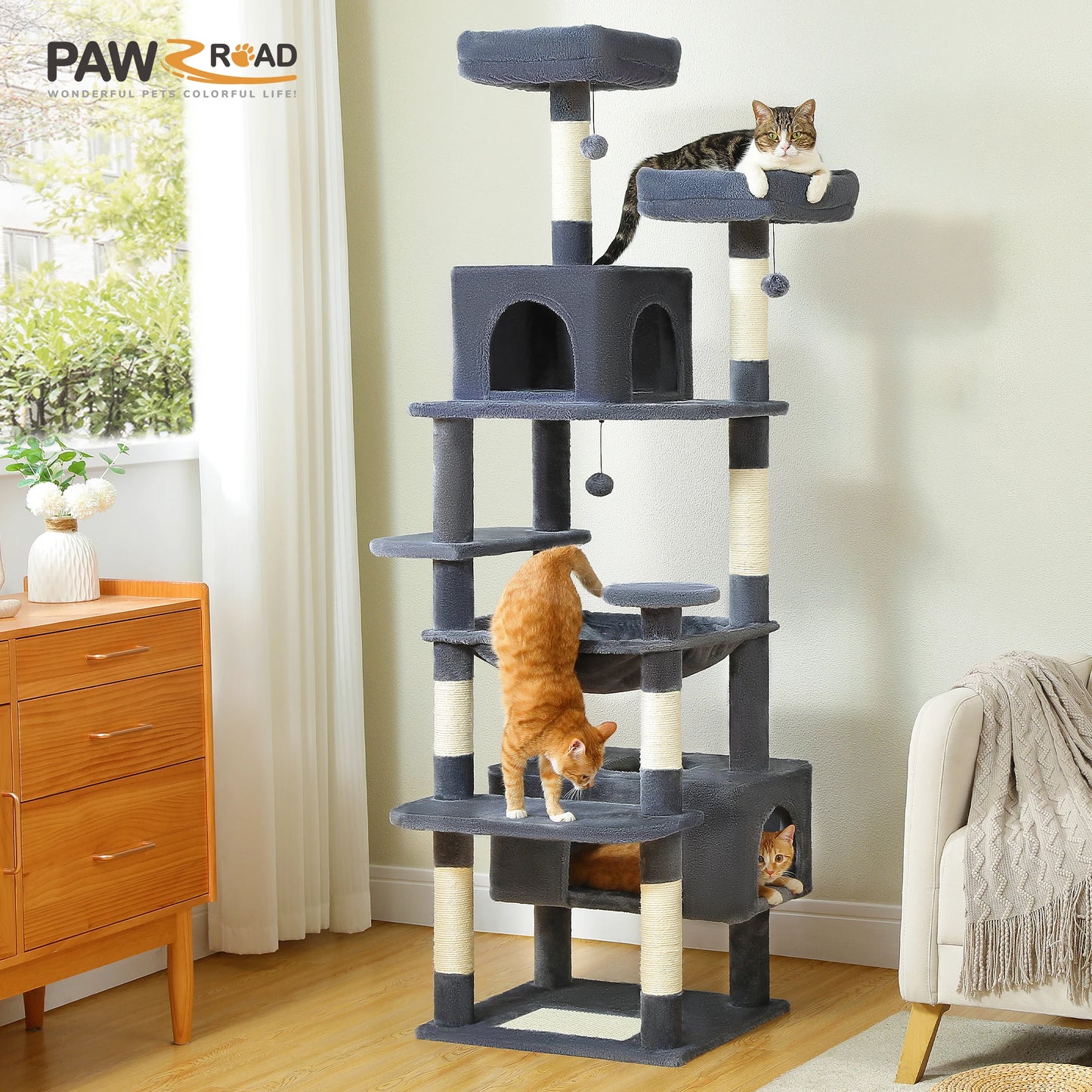 Large Indoor Cat Tree Tower – Multi-Level Perches, Hammock, Scratching Posts & Condo Playhouse