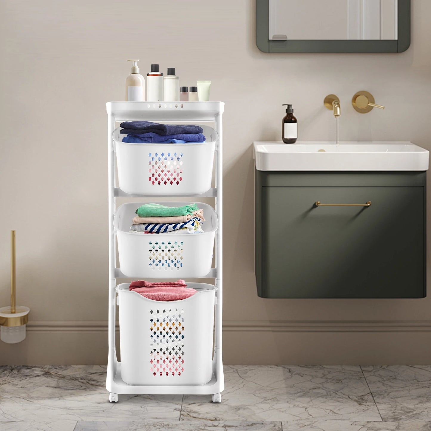 3-Layer Laundry Basket With Rolling Wheels Storage