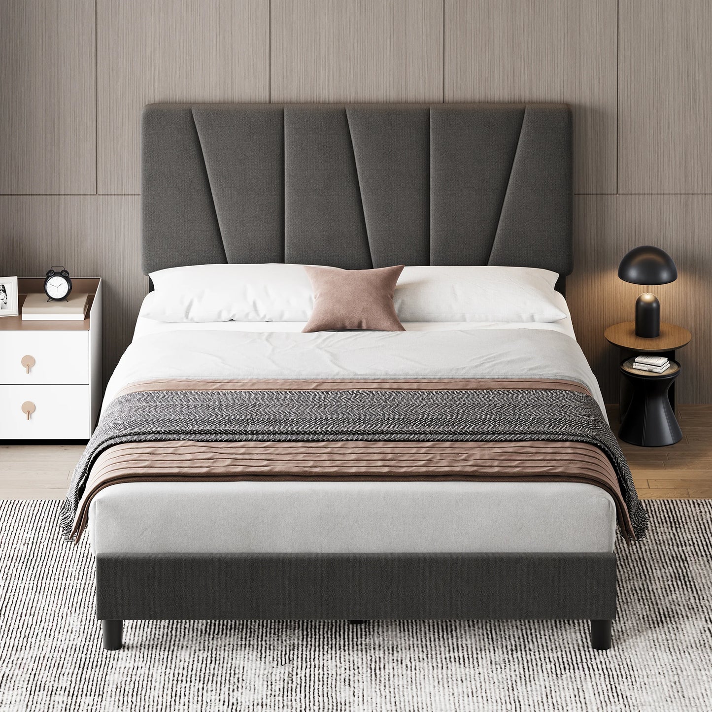 Linen Upholstered Platform Bed Frame with Headboard