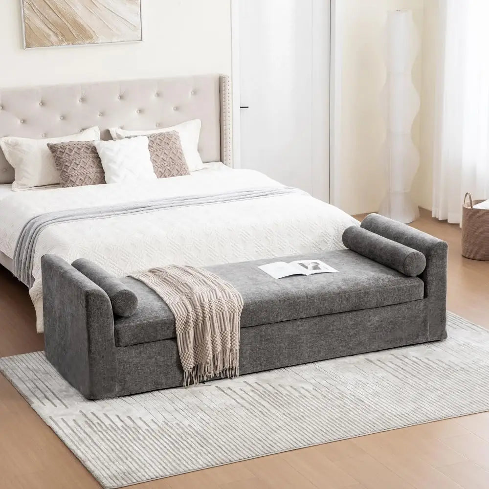83.1” Modern Upholstered End of Bed Bench with Armrests – Chenille Chaise Lounge Bench with 2 Bolster Pillows, Bedroom Bench Seating for Bedroom, Living Room & Entryway
