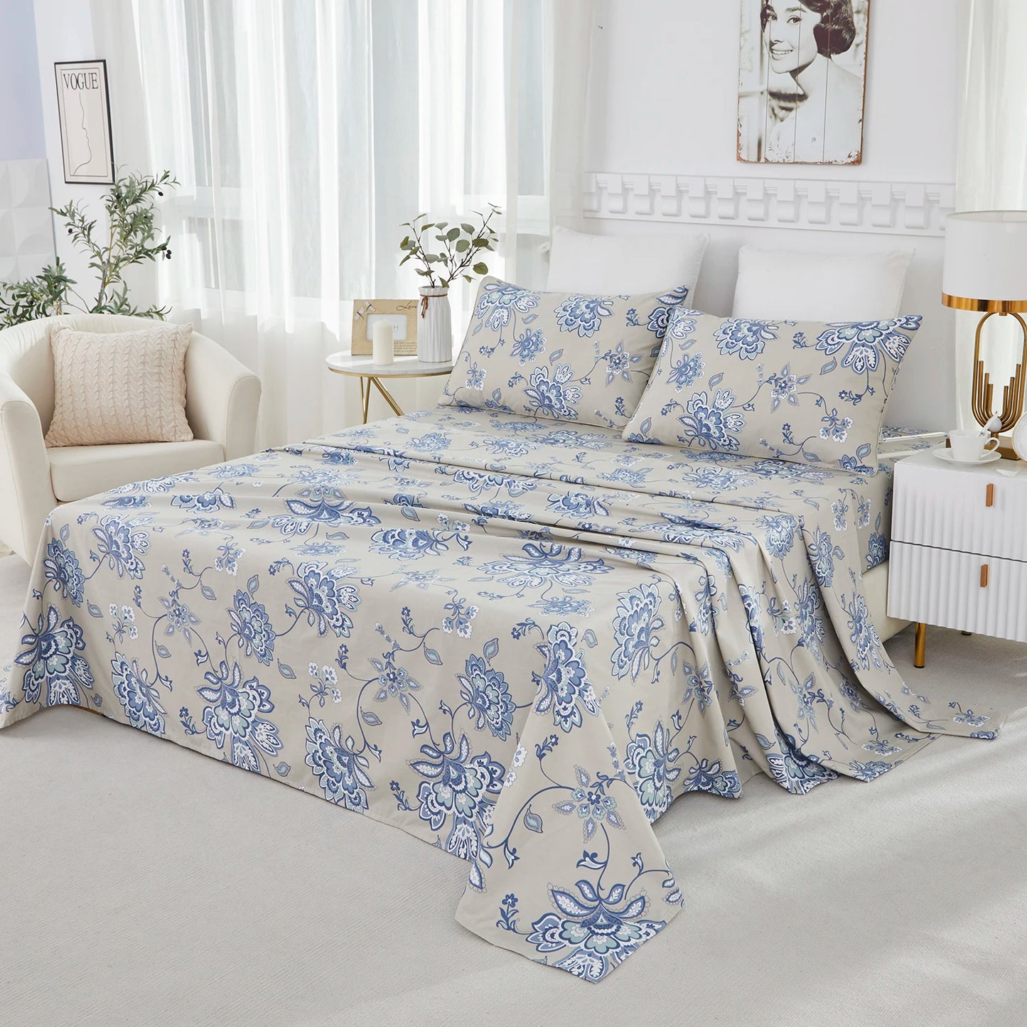 600TC Egyptian Cotton Sheet Set – 4-Piece Blue Boho Paisley Floral Luxury Bedding (100% Cotton)