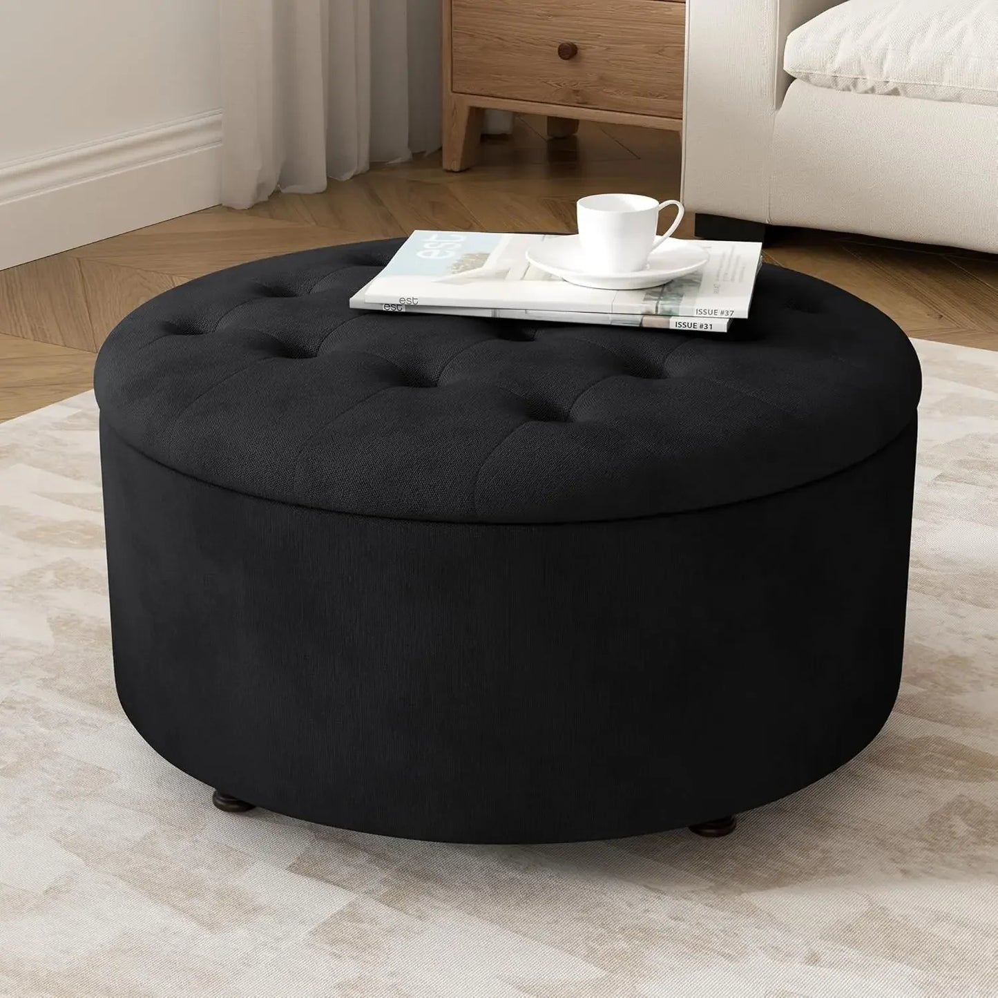 Round Tufted Storage Ottoman Coffee Table