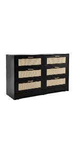 47” Rattan Dresser with 6 Drawers – Modern Wooden Storage Chest with Gold Handles, Boho Bedroom Organizer Cabinet for Living Room, Hallway & Closet