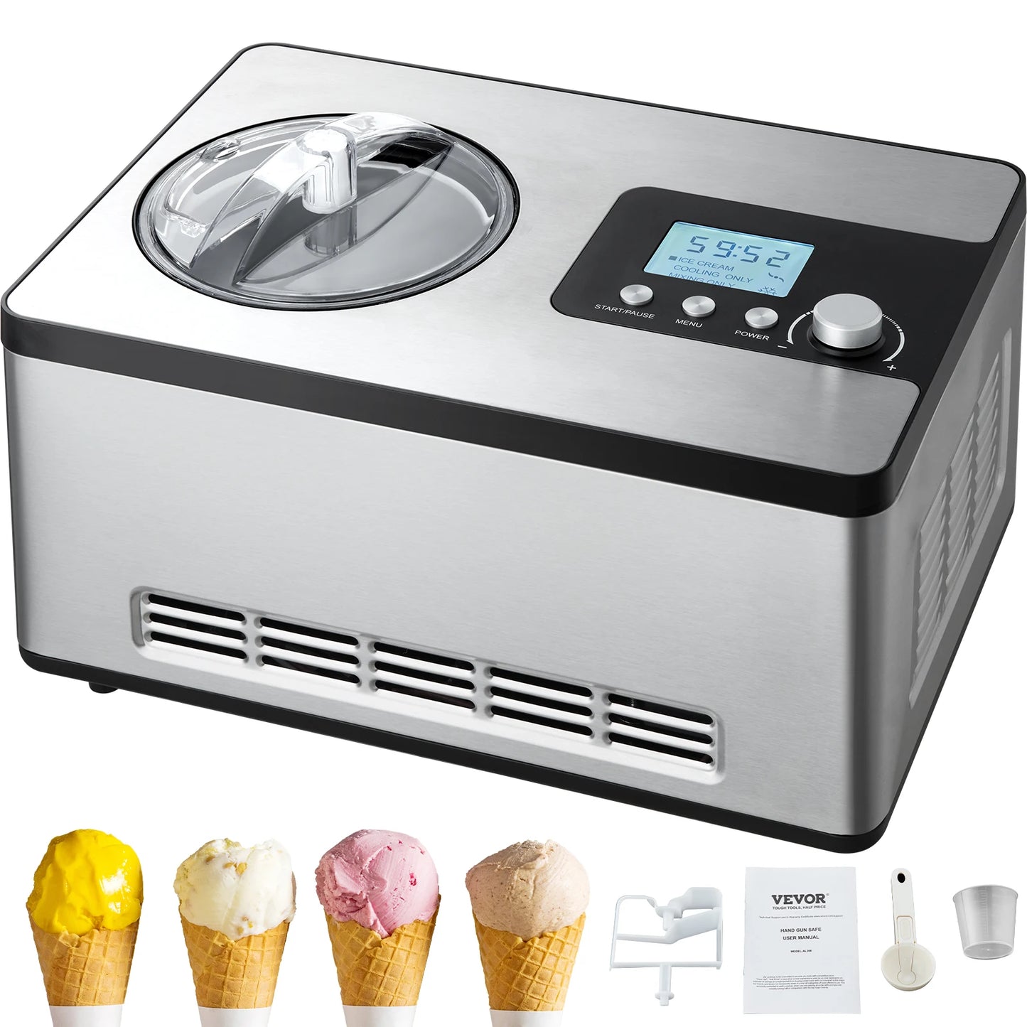 Automatic Ice Cream Maker with Built-In Compressor – 2 Quart Electric Frozen Yogurt, Sorbet & Gelato Machine No Pre-Freezing Required