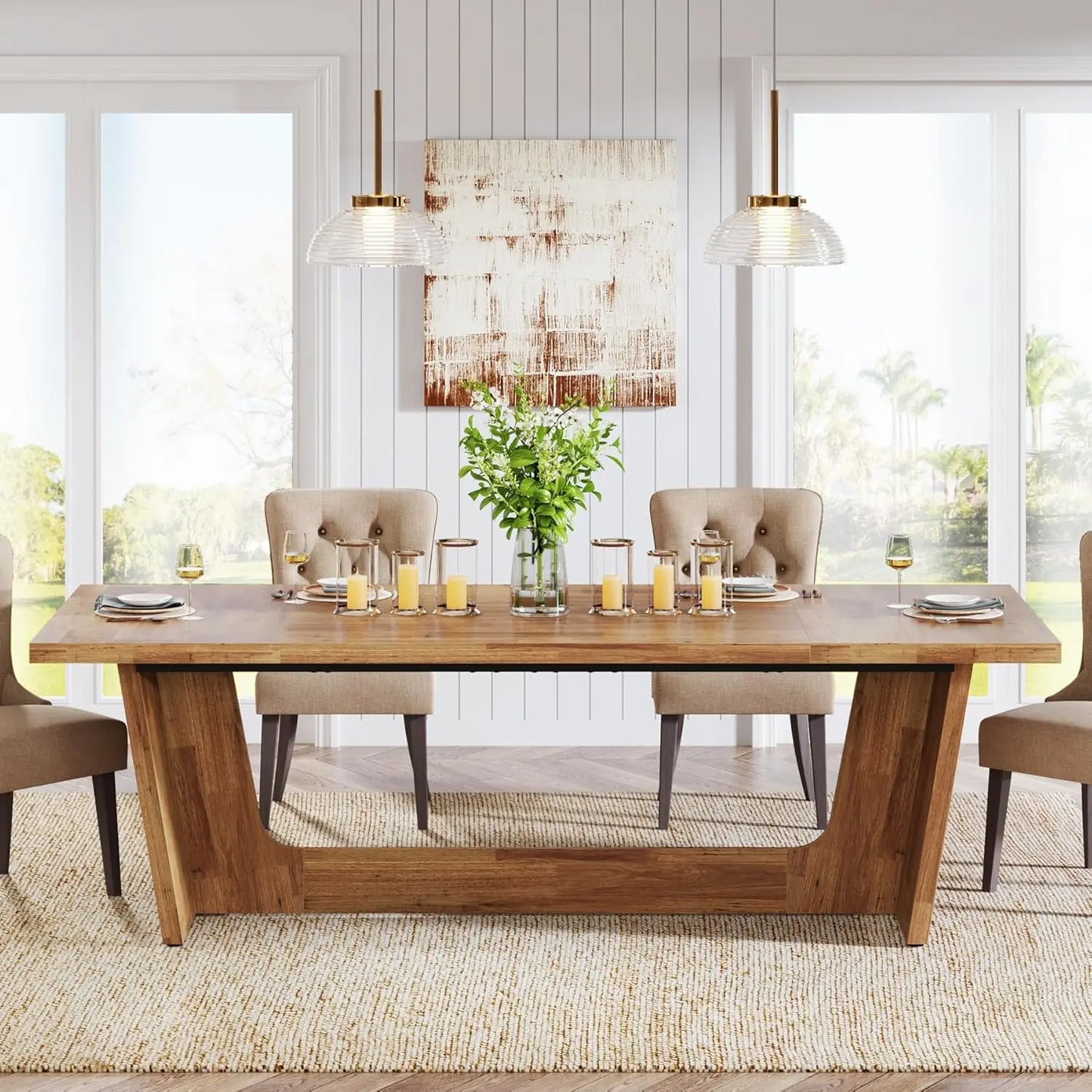 Farmhouse Dining Room Table – Large Rectangular Solid Pedestal Kitchen Table for Family Meals, Rustic Wooden Dinner Table for Dining Room & Home Gathering