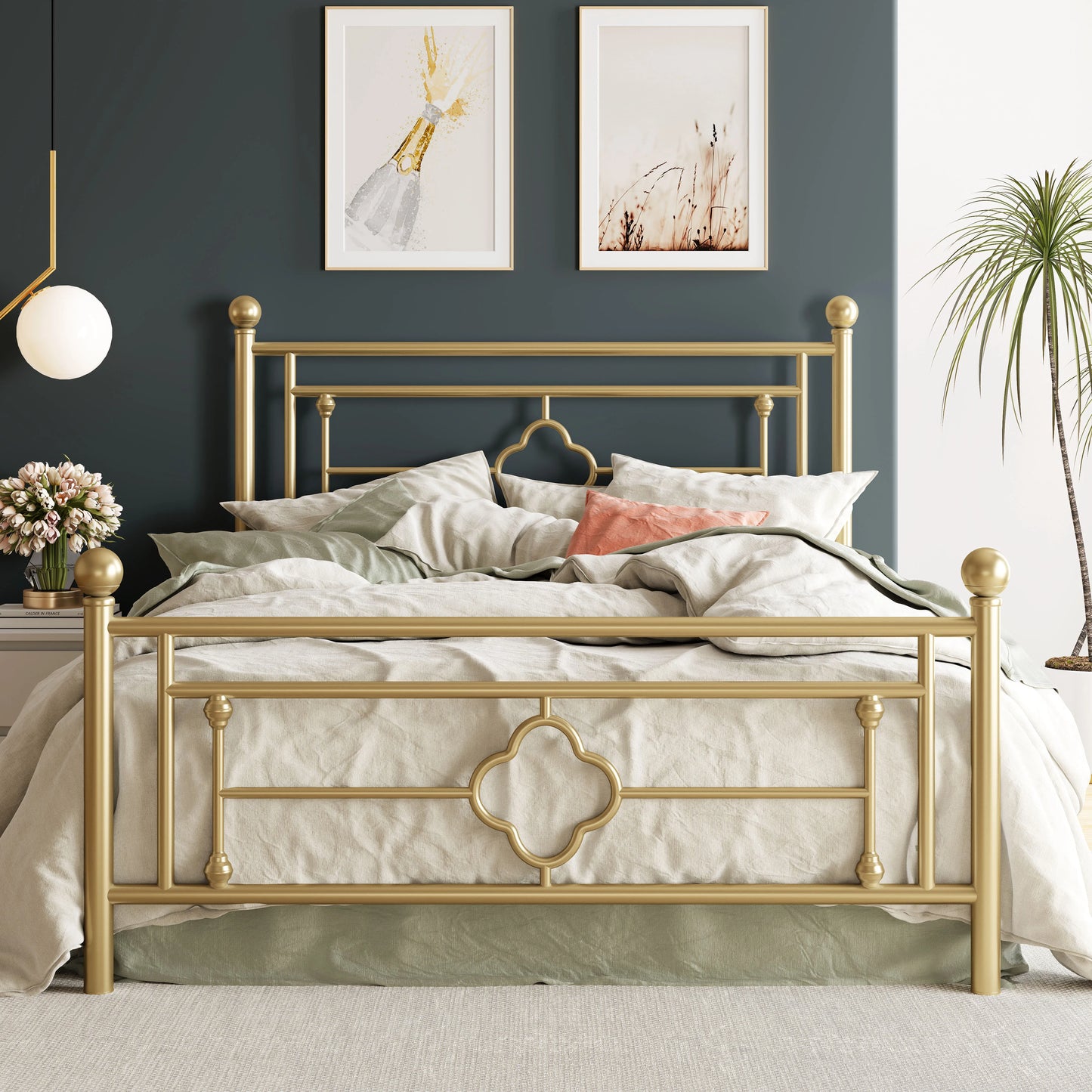 HOOMIC 14 Inch Metal Platform Bed Frame Vintage Victorian Style Wrought Iron Headboard Footboard Heavy Duty Mattress Foundation