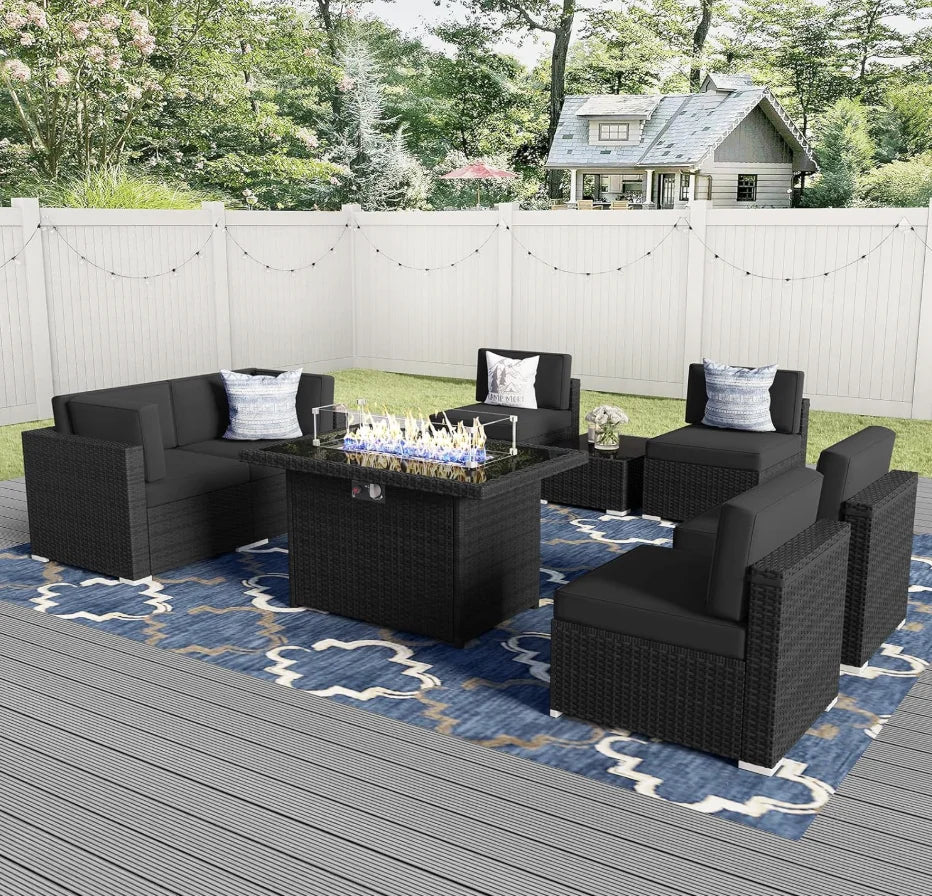 8-Piece Outdoor Wicker Furniture Set with Firepit