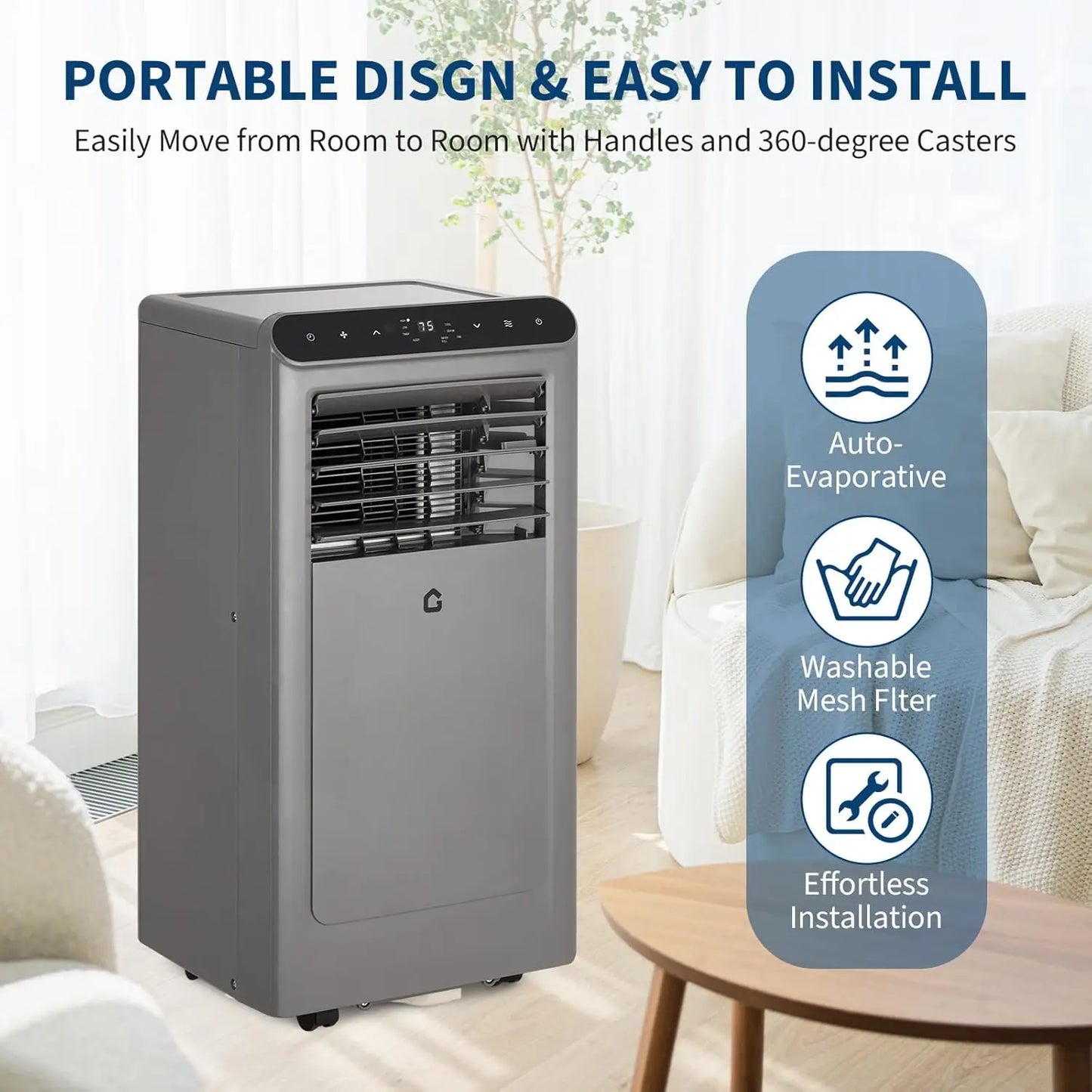 Portable Air Conditioner 10000 BTU – 3-in-1 Quiet AC Unit with Fan & Dehumidifier, Remote Control, Portable Cooling for Rooms Up to 450 Sq Ft