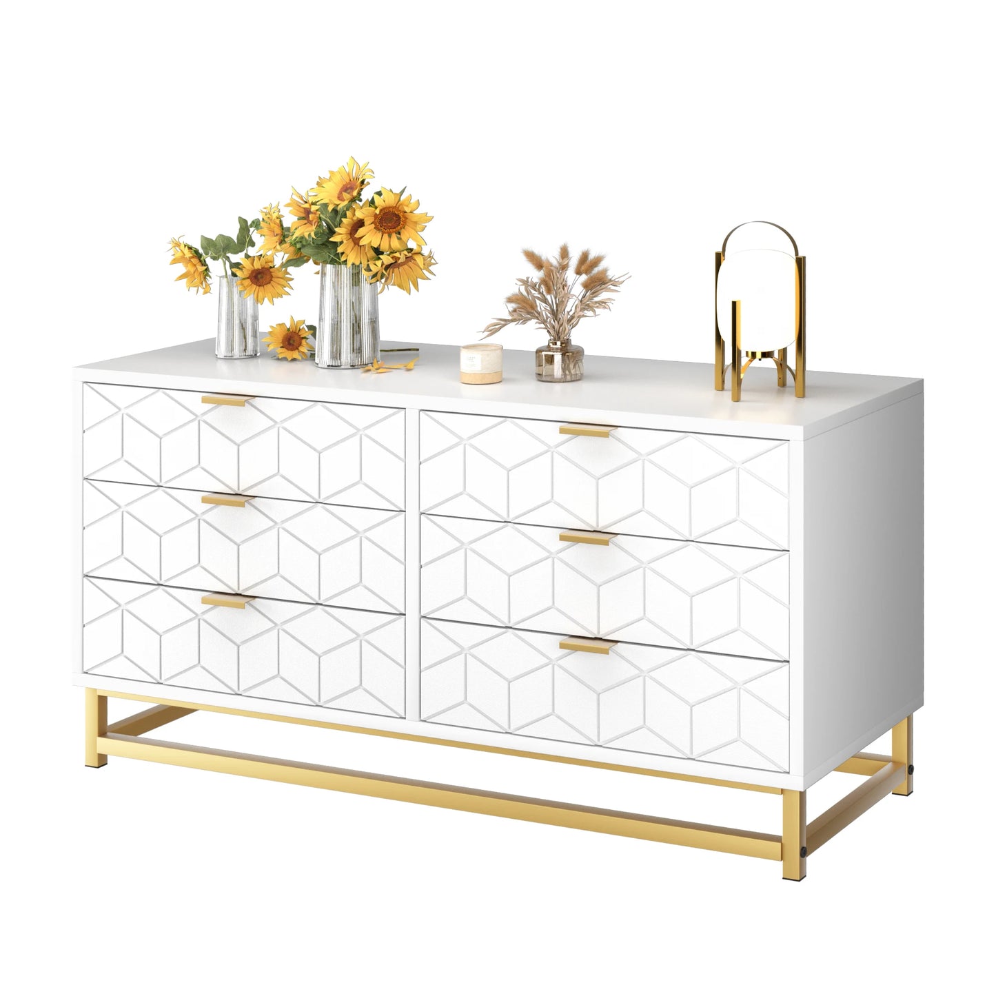 Luxury 6-Drawer Diamond Dresser with Golden Accents