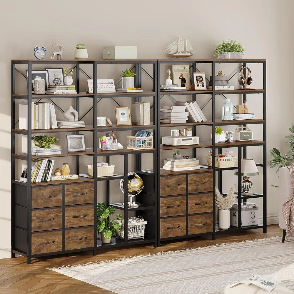 Corner 7-Tier Industrial Bookshelf With Drawers