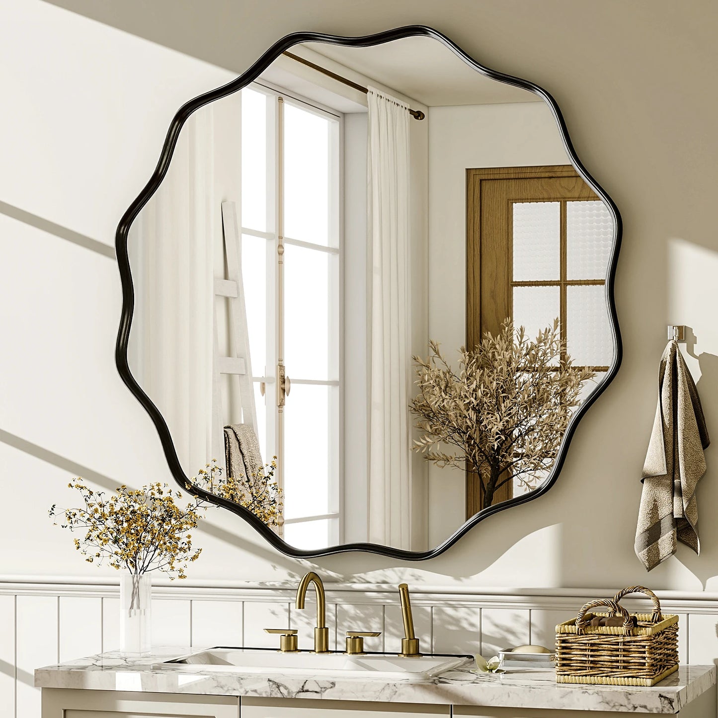 Wavy Round Bathroom Mirror Decorative Wall Mirror with Deep Frame Modern Vanity Mirror for Bedroom Living Room Home Decor