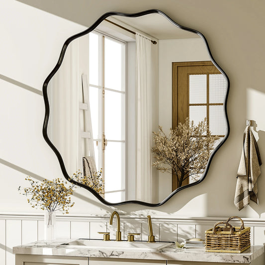 Wavy Round Bathroom Mirror Decorative Wall Mirror with Deep Frame Modern Vanity Mirror for Bedroom Living Room Home Decor