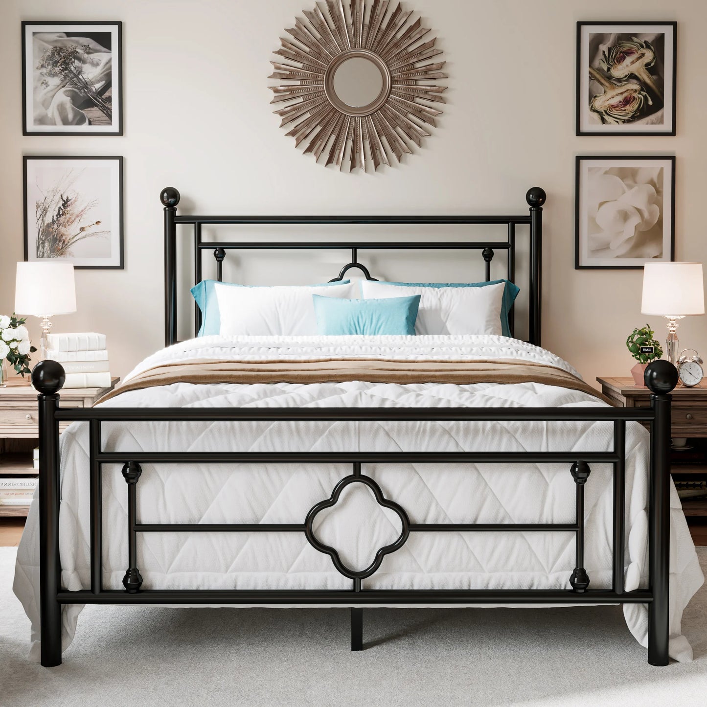 HOOMIC 14 Inch Metal Platform Bed Frame Vintage Victorian Style Wrought Iron Headboard Footboard Heavy Duty Mattress Foundation