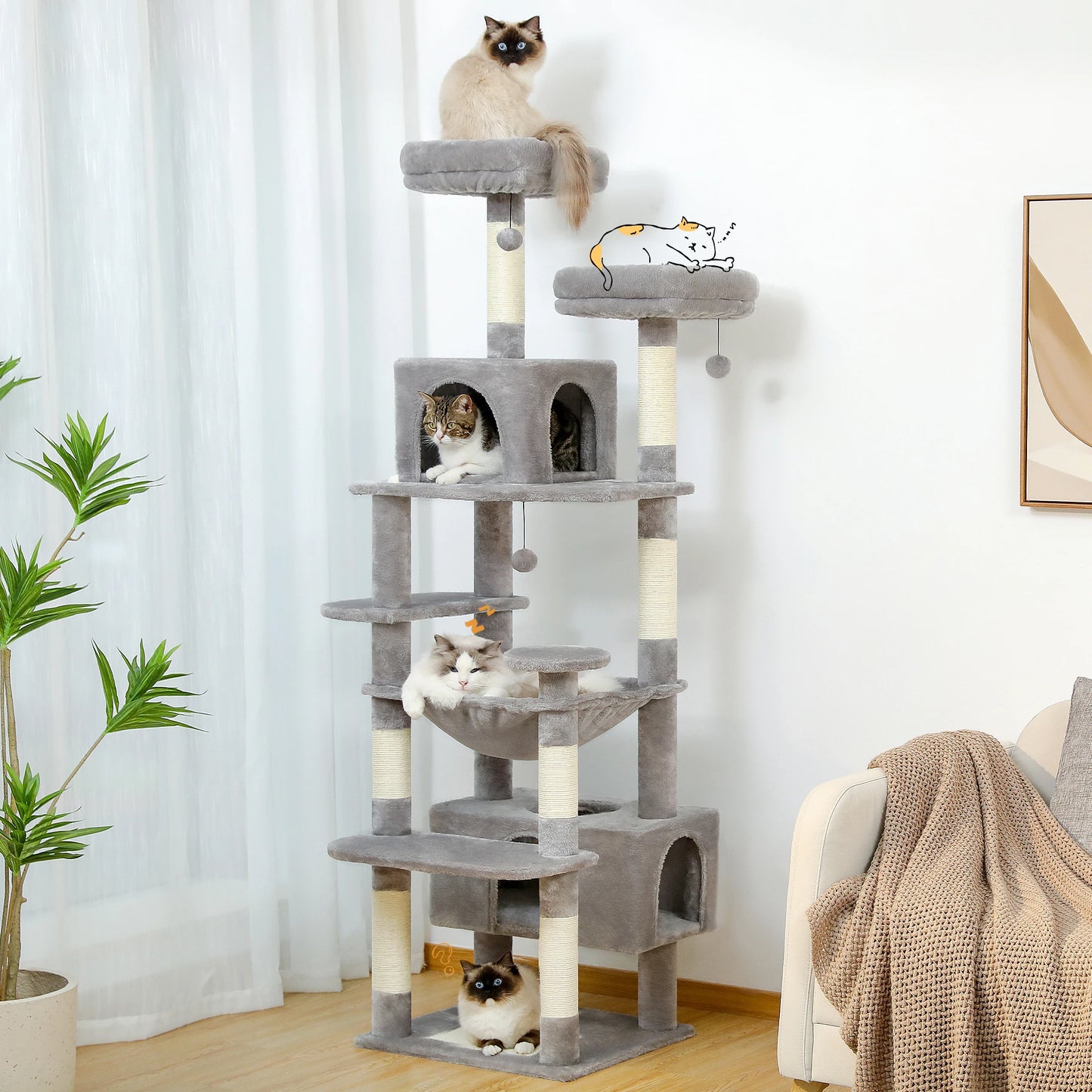 Large Indoor Cat Tree Tower – Multi-Level Perches, Hammock, Scratching Posts & Condo Playhouse
