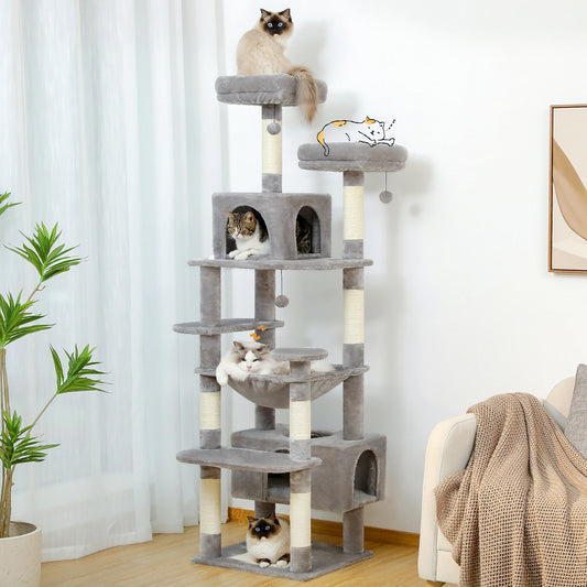 Large Indoor Cat Tree Tower – Multi-Level Perches, Hammock, Scratching Posts & Condo Playhouse