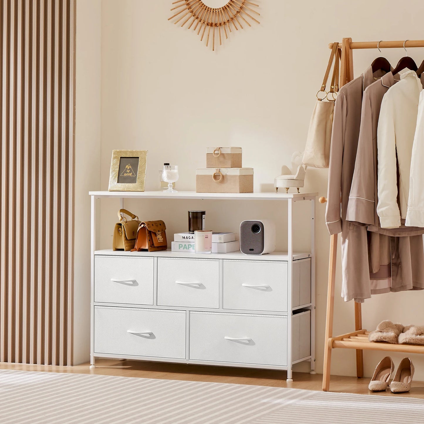 JHK Shoe Cabinet Dresser with 5 Fabric Drawers – Space-Saving Multi-Layer Shoe Rack Storage for Bedroom Living Room Entryway