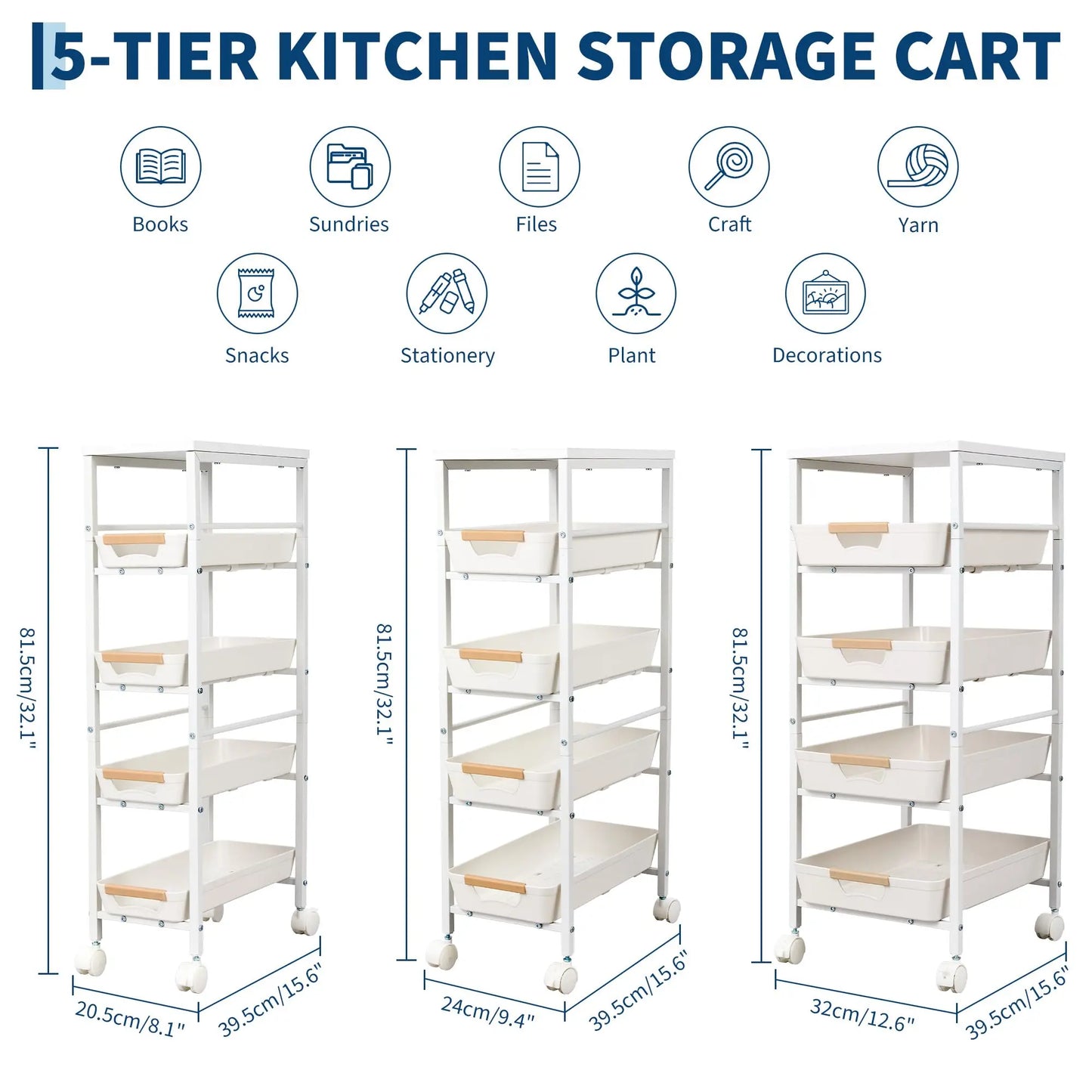 5-Tier Rolling Kitchen Storage Cart with Pull-Out Baskets & Tabletop – Slim Space-Saving Utility Cart on Wheels for Kitchen, Pantry, Bathroom & Living Room Organization