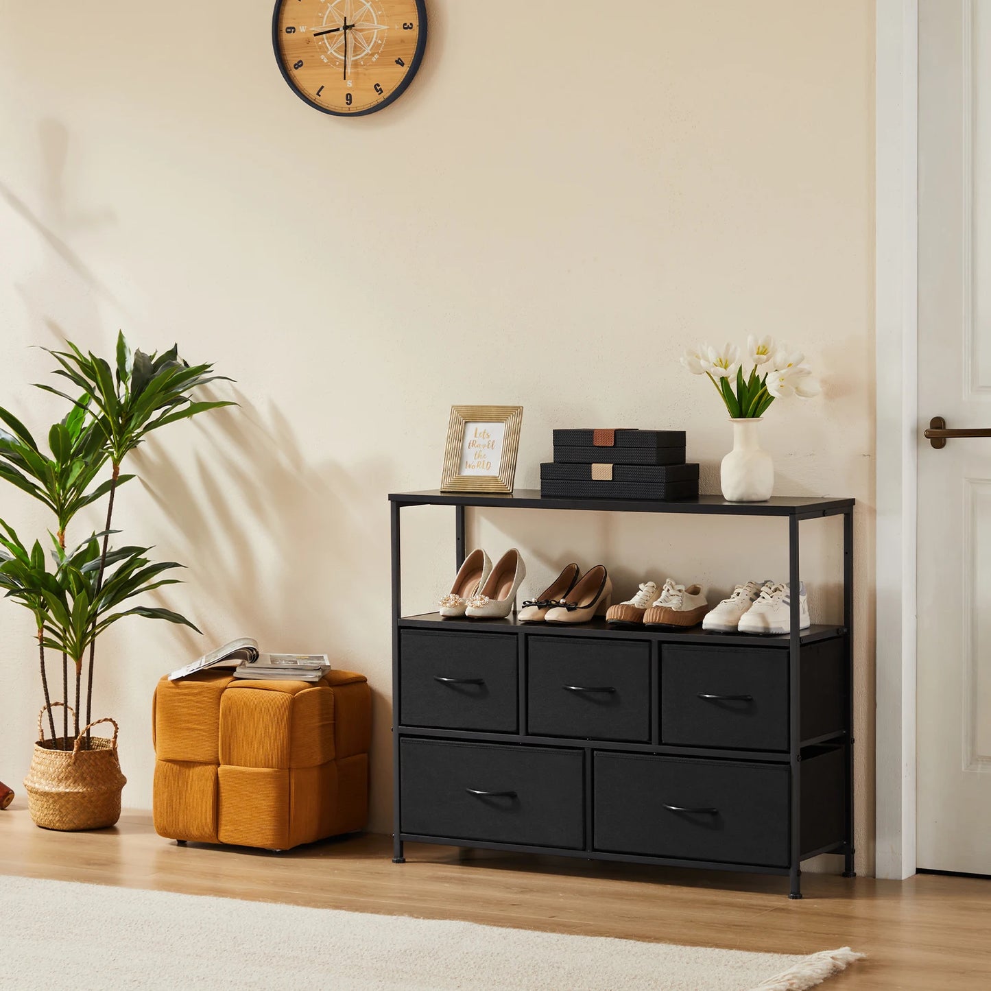 JHK Shoe Cabinet Dresser with 5 Fabric Drawers – Space-Saving Multi-Layer Shoe Rack Storage for Bedroom Living Room Entryway