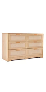 47” Rattan Dresser with 6 Drawers – Modern Wooden Storage Chest with Gold Handles, Boho Bedroom Organizer Cabinet for Living Room, Hallway & Closet