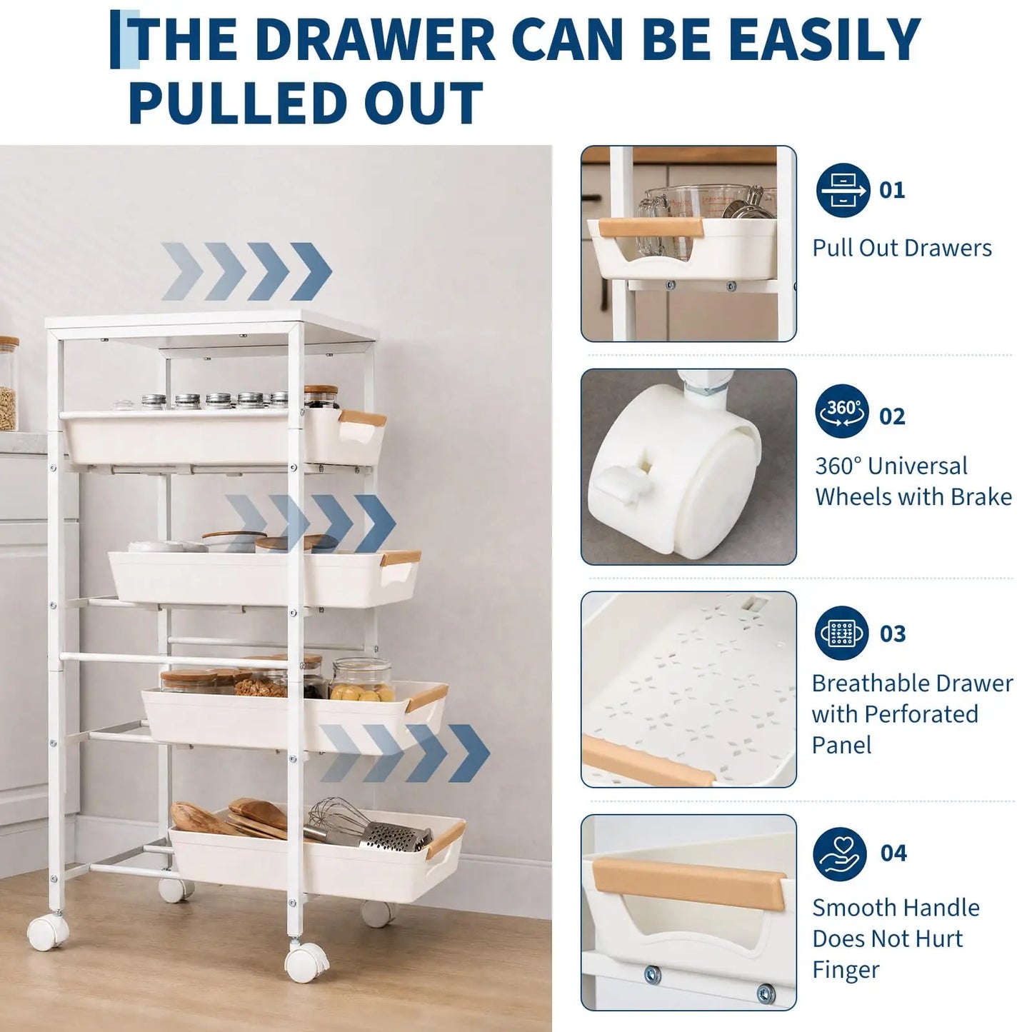 5-Tier Rolling Kitchen Storage Cart with Pull-Out Baskets & Tabletop – Slim Space-Saving Utility Cart on Wheels for Kitchen, Pantry, Bathroom & Living Room Organization