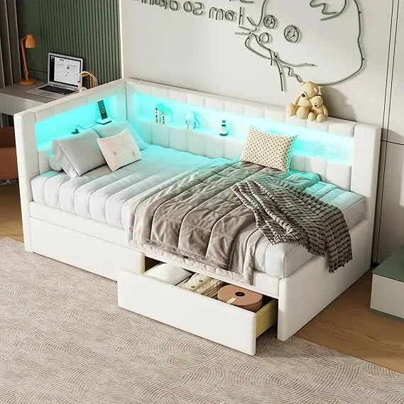 Twin Daybed Trundle L-Shaped Bookshelf Headboard