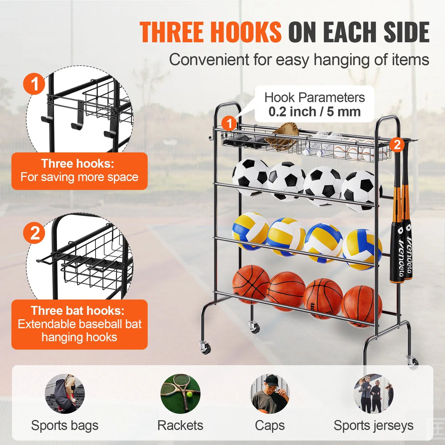 VEVOR 4-Layer Rolling Basketball Storage Rack Organizer