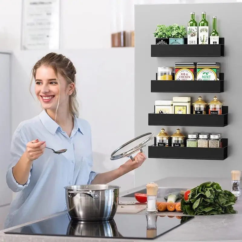 Magnetic Spice Rack for Refrigerator – 4 Pack Kitchen Organizer & Storage Shelves, Black Wall-Mounted Fridge Side Storage Rack for Spices, Jars & Kitchen Essentials