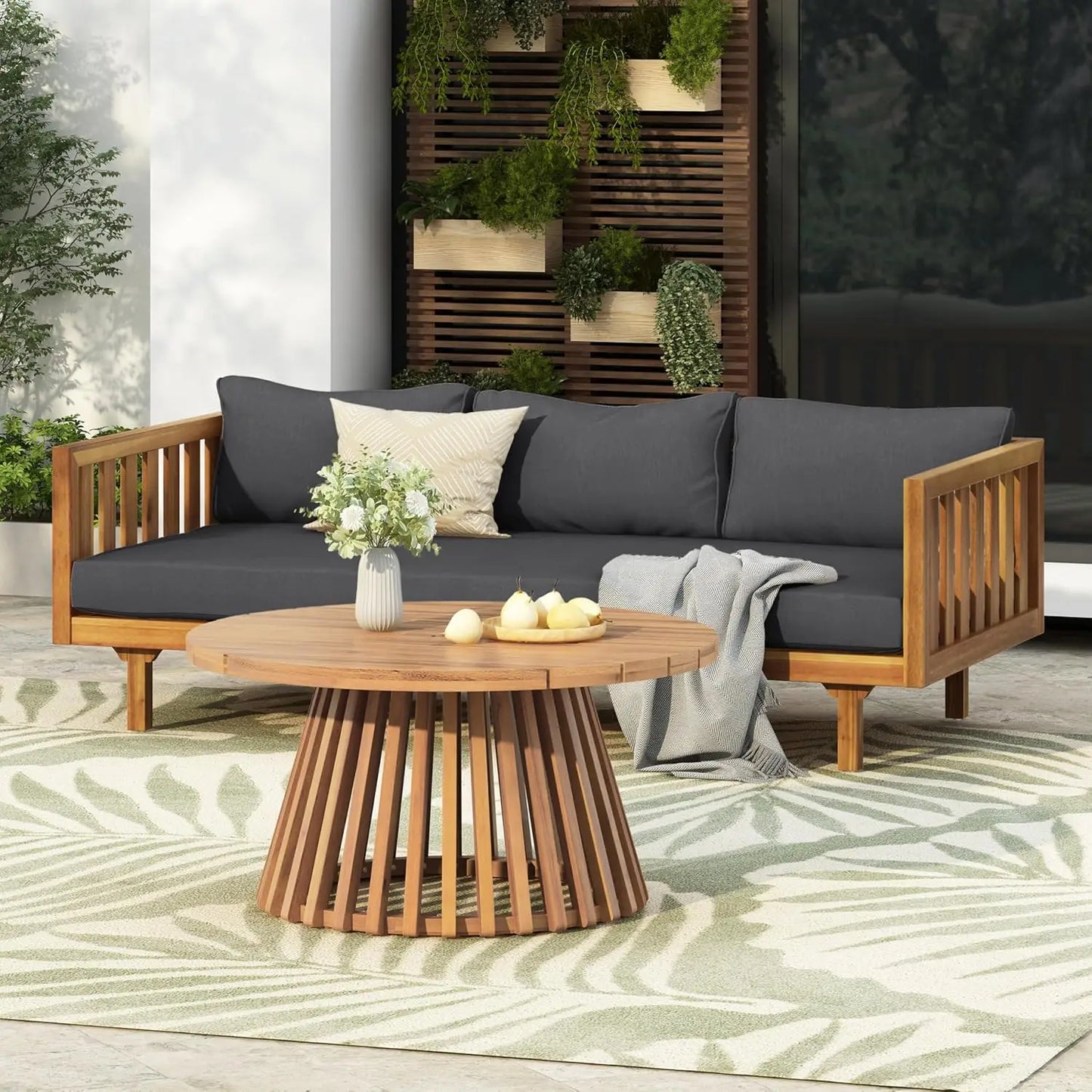 Outdoor Acacia Wood 3-Seat Loveseat Sofa Set with Cushions & Round Coffee Table – Premium Backyard Patio Conversation Furniture for Garden, Porch & Balcony Relaxation