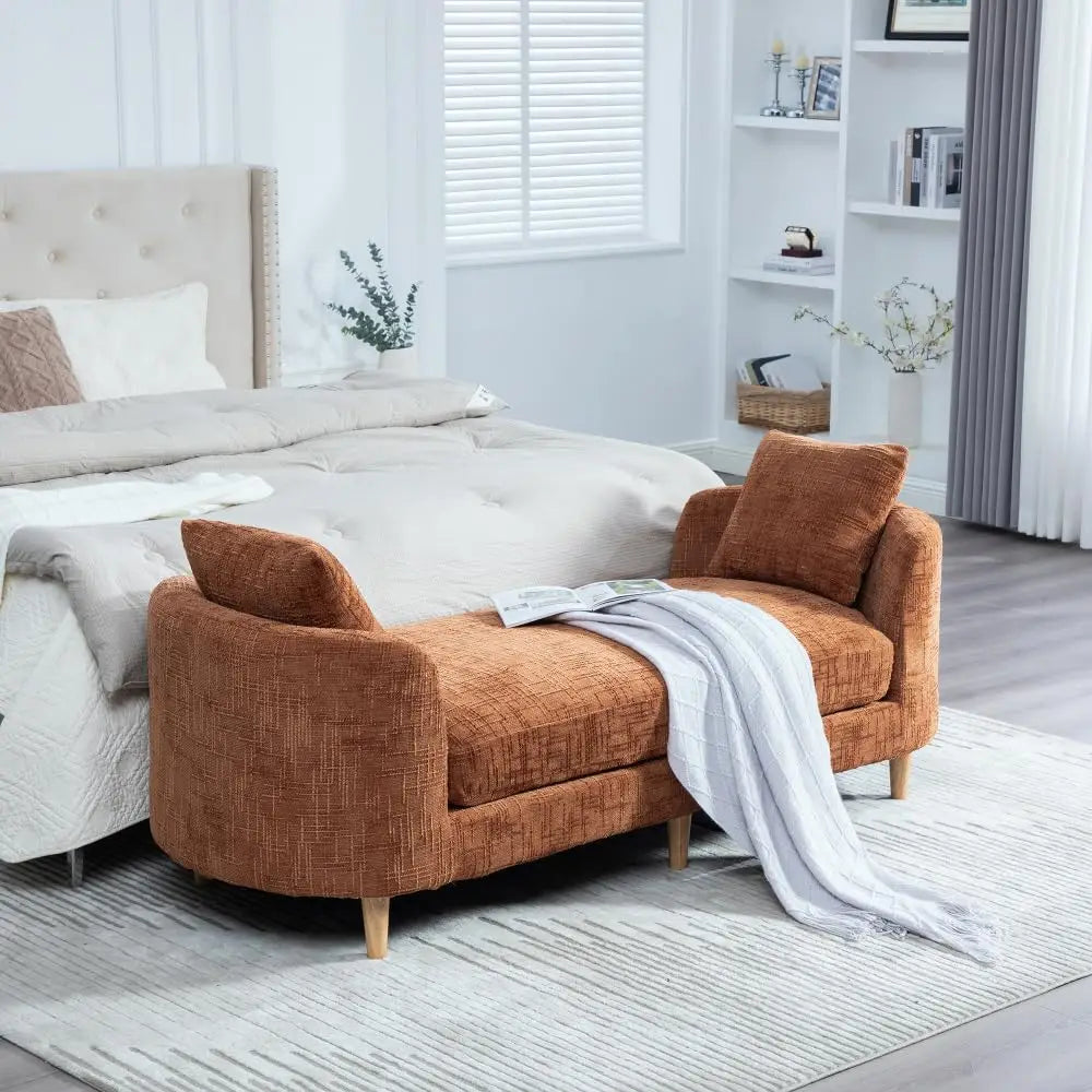 83.1” Modern Upholstered End of Bed Bench with Armrests – Chenille Chaise Lounge Bench with 2 Bolster Pillows, Bedroom Bench Seating for Bedroom, Living Room & Entryway