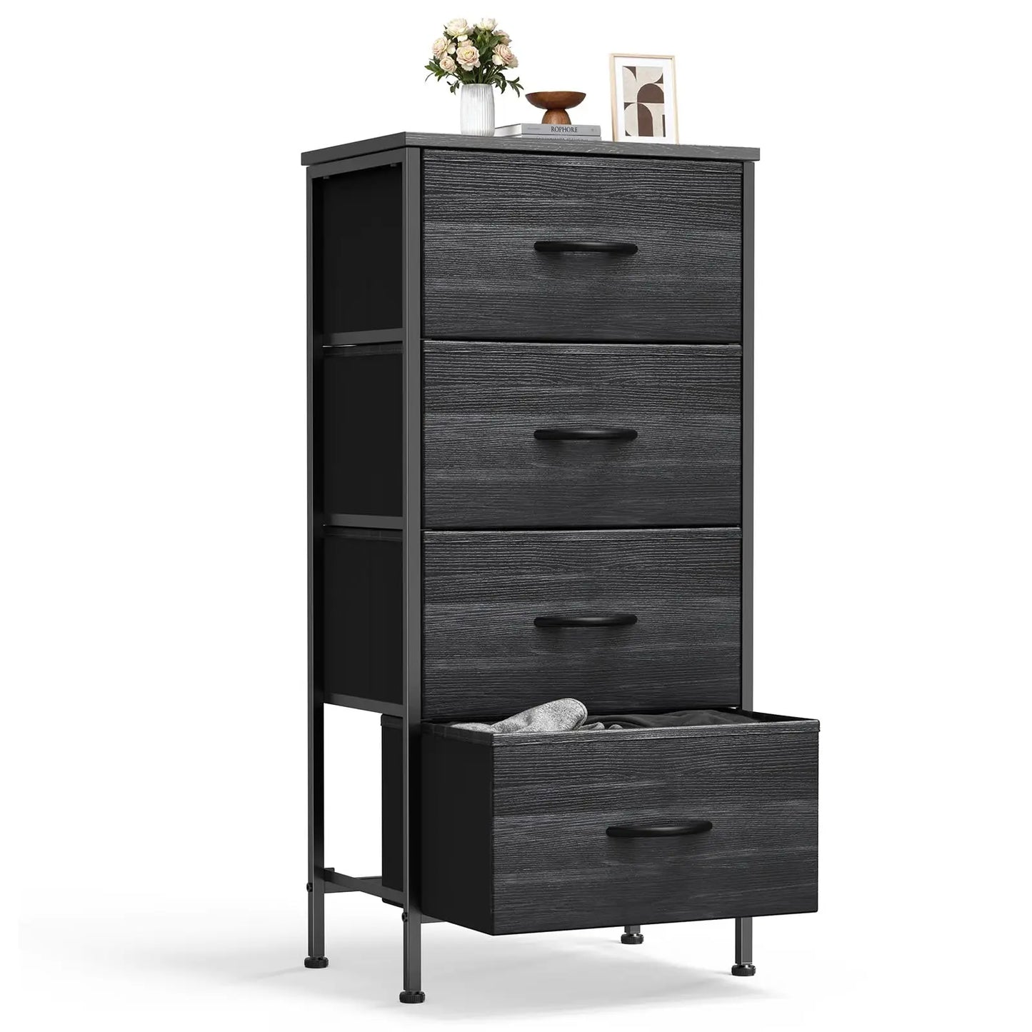 Sweetcrispy Nightstand with 4 Fabric Drawers – Modern Bedside Table with Wooden Top, Small Bedroom Dresser & End Table for Bedroom, Living Room & Nursery