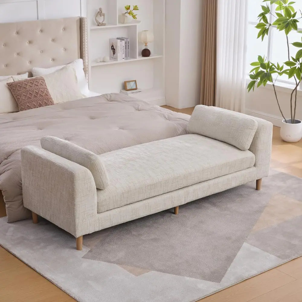 83.1” Modern Upholstered End of Bed Bench with Armrests – Chenille Chaise Lounge Bench with 2 Bolster Pillows, Bedroom Bench Seating for Bedroom, Living Room & Entryway